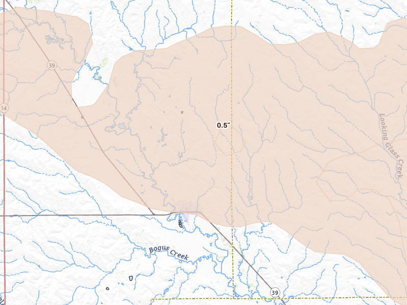 Radar-estimated hail-size map of the storm over Saint Edward, NE on Jun 12, 2026