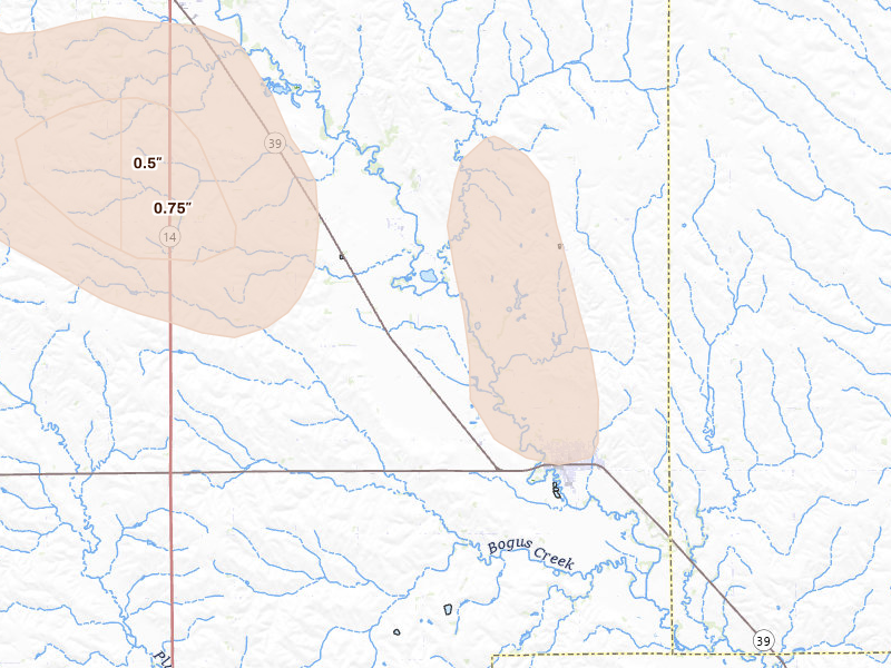 Radar-estimated hail-size map of the storm over Saint Edward, NE on Aug 8, 2026