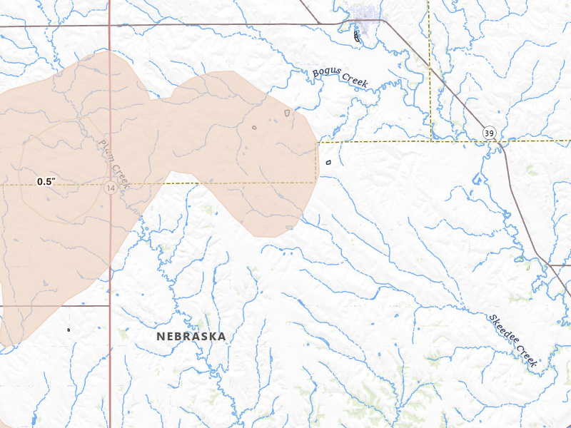 Radar-estimated hail-size map of the storm over Saint Edward, NE on Aug 19, 2026