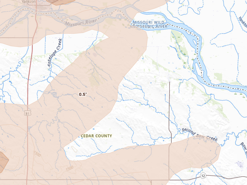 Radar-estimated hail-size map of the storm over Saint Helena, NE on Jun 29, 2026