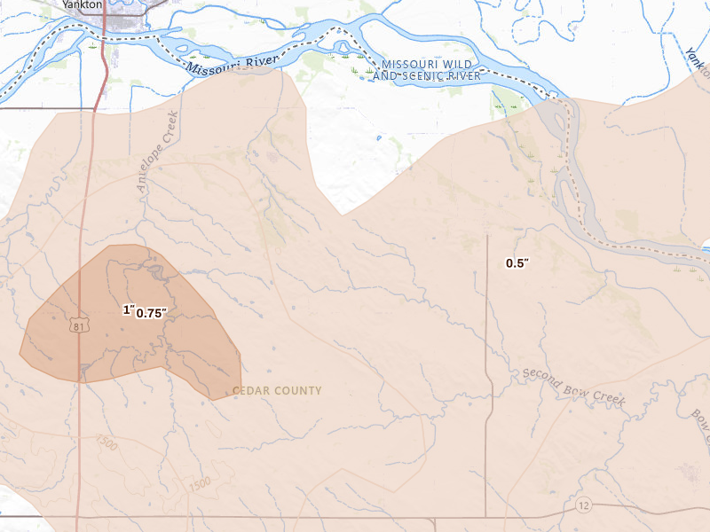 Radar-estimated hail-size map of the storm over Saint Helena, NE on Jul 2, 2026