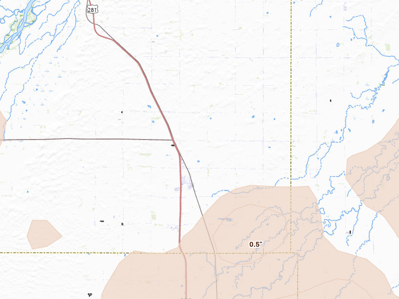 Radar-estimated hail-size map of the storm over Saint Libory, NE on Jun 5, 2026