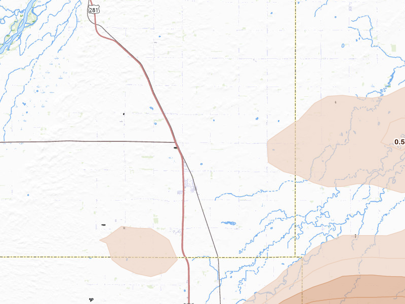Radar-estimated hail-size map of the storm over Saint Libory, NE on Jul 8, 2026