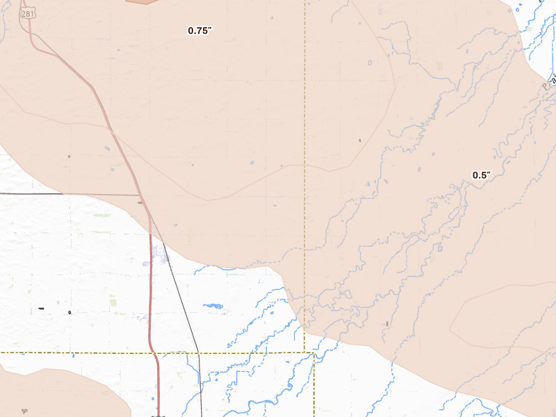 Radar-estimated hail-size map of the storm over Saint Libory, NE on Aug 17, 2026
