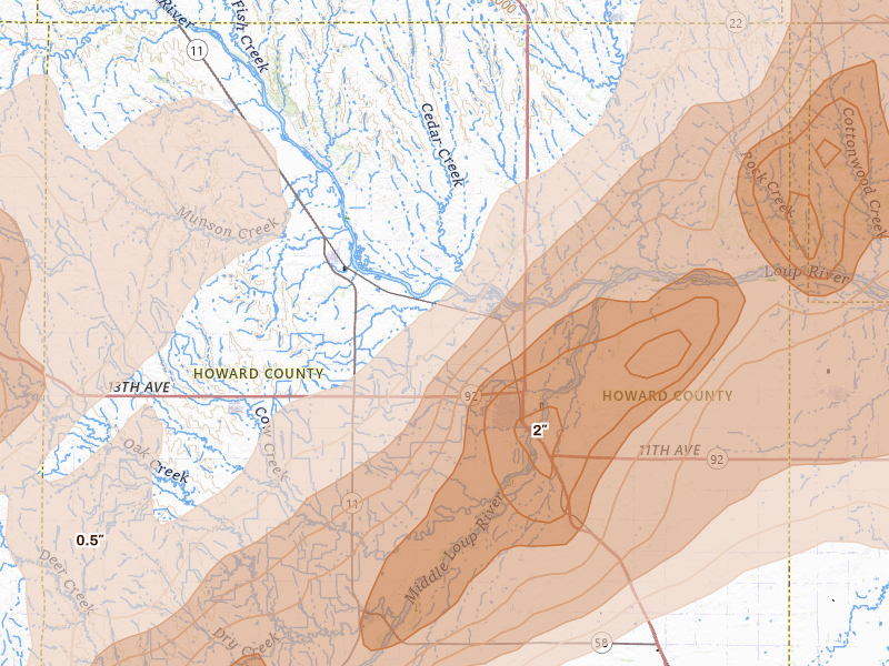 Radar-estimated hail-size map of the storm over Saint Paul, NE on May 17, 2026