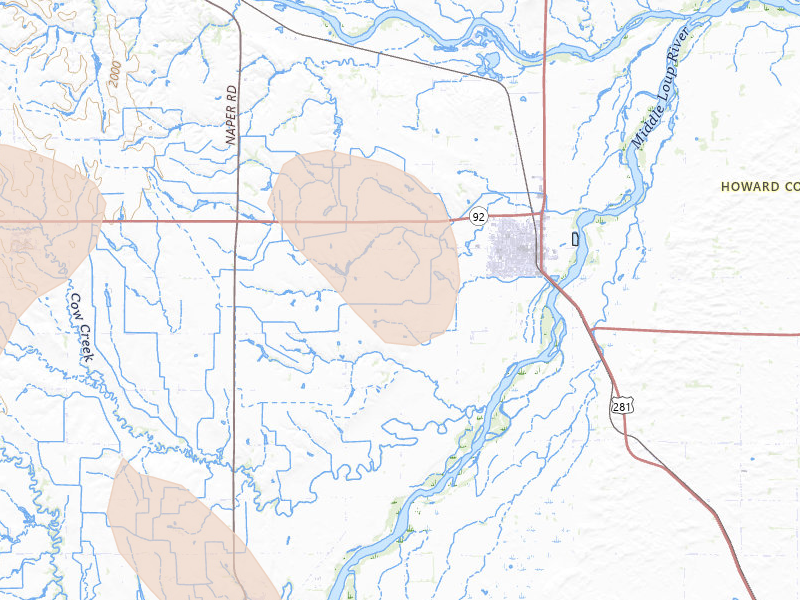 Radar-estimated hail-size map of the storm over Saint Paul, NE on Aug 7, 2026
