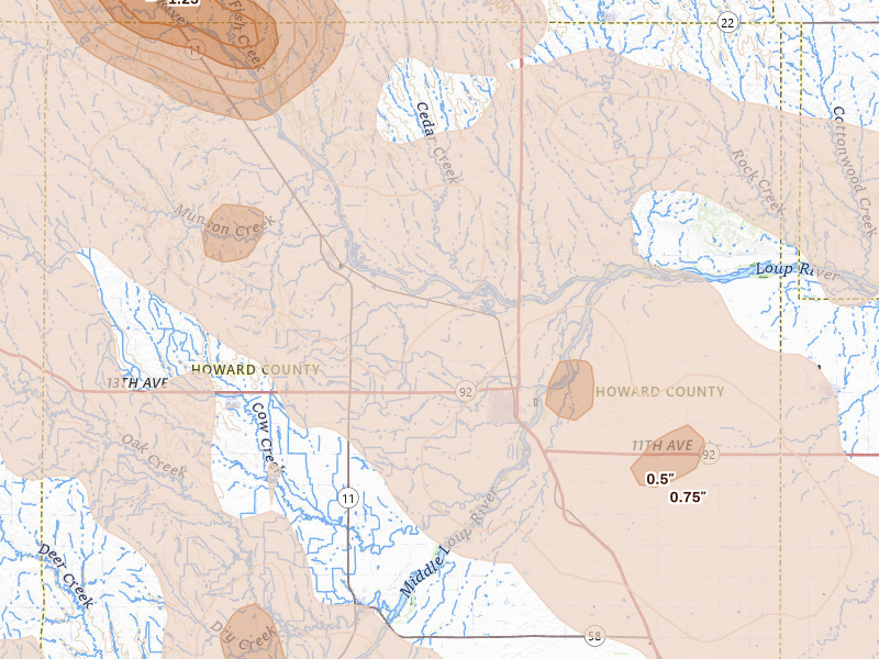 Radar-estimated hail-size map of the storm over Saint Paul, NE on Aug 17, 2026