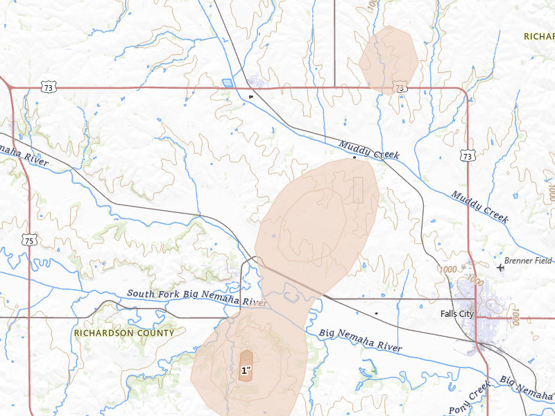Radar-estimated hail-size map of the storm over Salem, NE on Mar 5, 2026