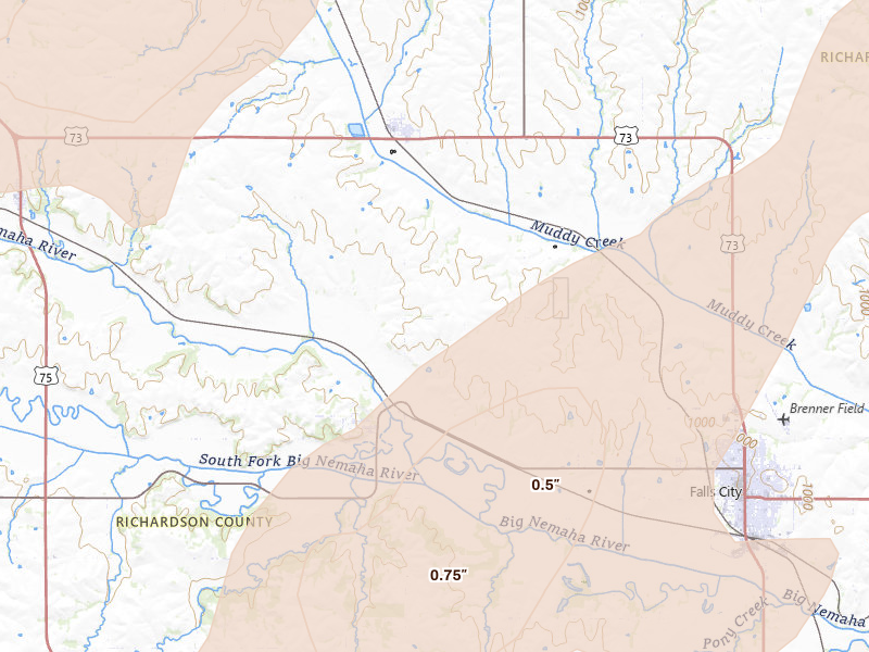 Radar-estimated hail-size map of the storm over Salem, NE on Apr 23, 2026