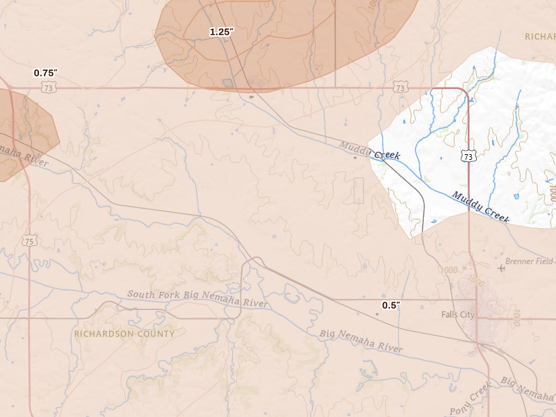 Radar-estimated hail-size map of the storm over Salem, NE on May 18, 2026
