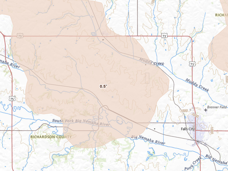 Radar-estimated hail-size map of the storm over Salem, NE on Jul 3, 2026