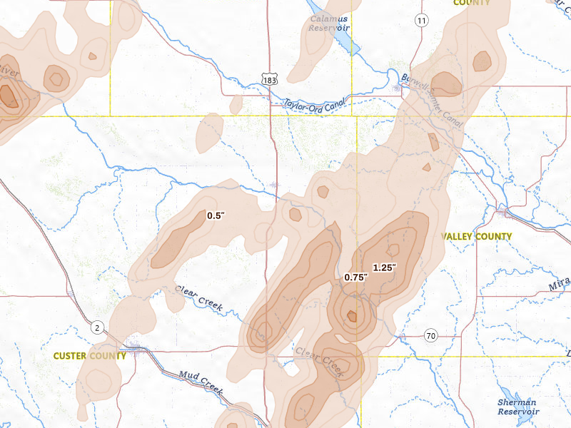 Radar-estimated hail-size map of the storm over Sargent, NE on Jun 9, 2026