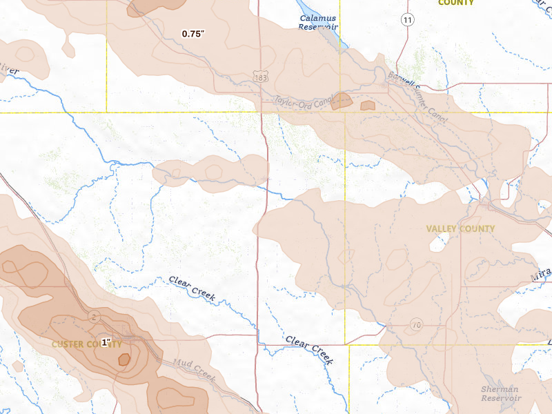 Radar-estimated hail-size map of the storm over Sargent, NE on Jun 20, 2026