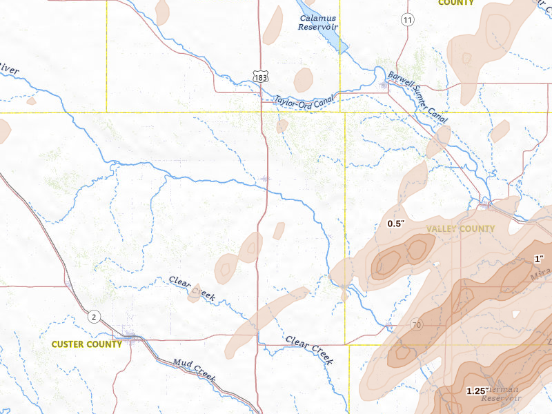 Radar-estimated hail-size map of the storm over Sargent, NE on Jun 29, 2026