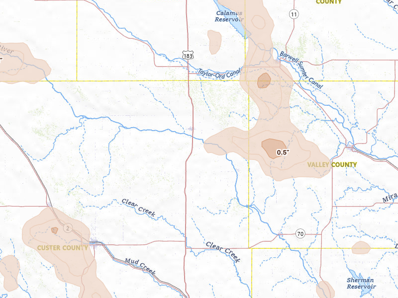 Radar-estimated hail-size map of the storm over Sargent, NE on Jul 4, 2026