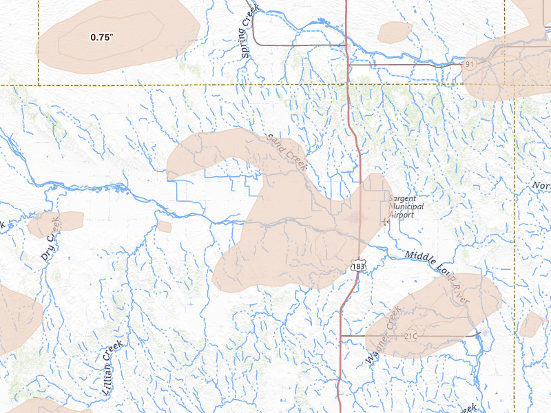 Radar-estimated hail-size map of the storm over Sargent, NE on Aug 8, 2026