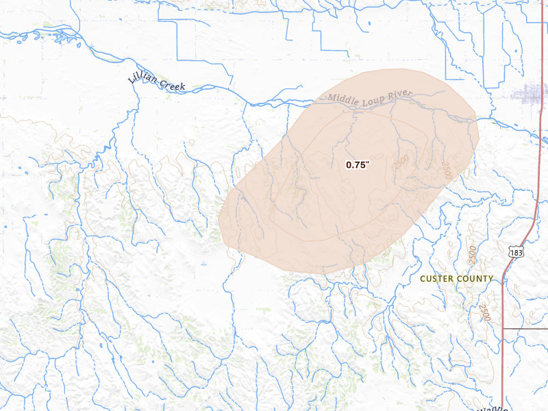 Radar-estimated hail-size map of the storm over Sargent, NE on Aug 10, 2026