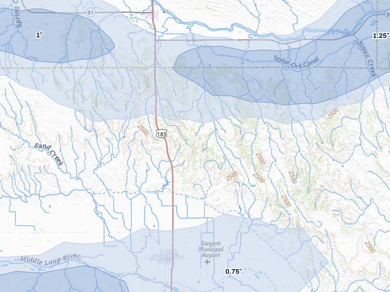 NEXRAD radar-signature map of the hail storm over Sargent, NE on Aug 10, 2026