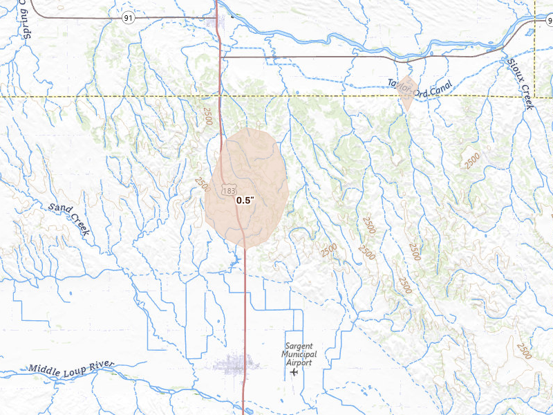 Radar-estimated hail-size map of the storm over Sargent, NE on Aug 17, 2026
