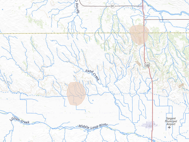 Radar-estimated hail-size map of the storm over Sargent, NE on Aug 21, 2026