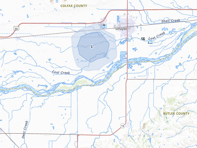 NEXRAD radar-signature map of the hail storm over Schuyler, NE on Mar 6, 2026