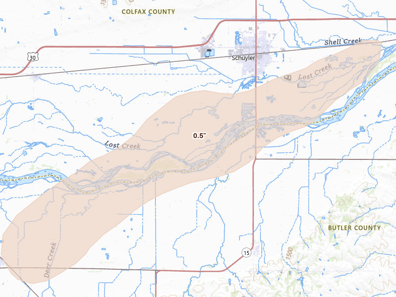 Radar-estimated hail-size map of the storm over Schuyler, NE on Apr 15, 2026