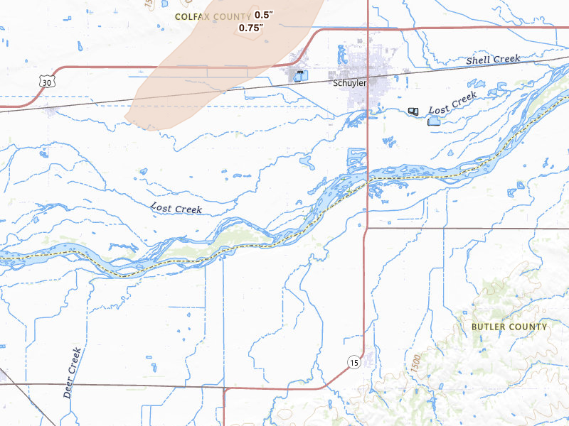Radar-estimated hail-size map of the storm over Schuyler, NE on Apr 23, 2026