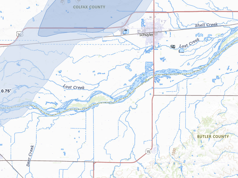 NEXRAD radar-signature map of the hail storm over Schuyler, NE on Apr 23, 2026