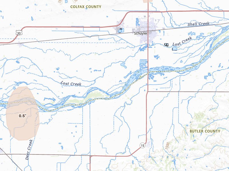 Radar-estimated hail-size map of the storm over Schuyler, NE on Jun 1, 2026