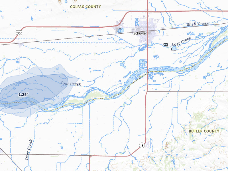 NEXRAD radar-signature map of the hail storm over Schuyler, NE on Jun 1, 2026