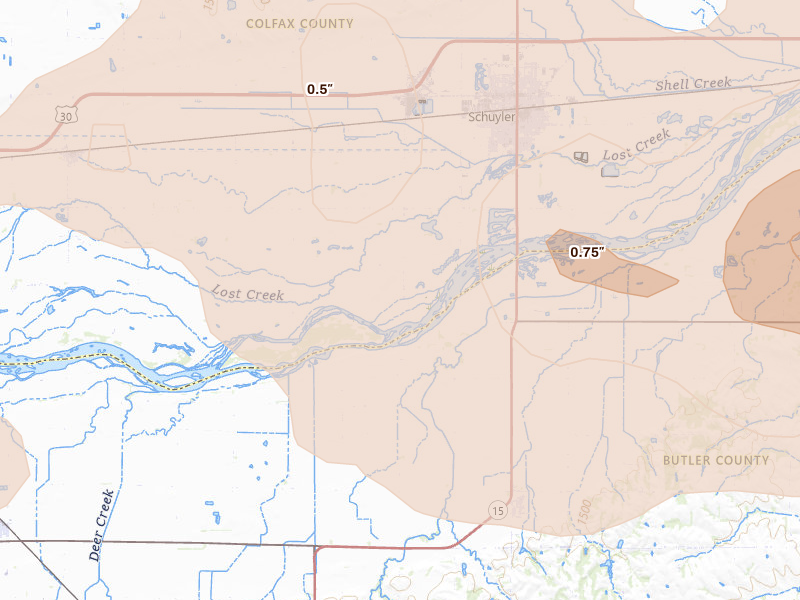 Radar-estimated hail-size map of the storm over Schuyler, NE on Jun 13, 2026