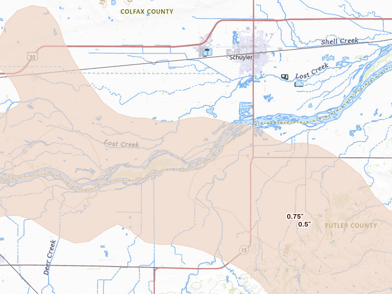 Radar-estimated hail-size map of the storm over Schuyler, NE on Aug 8, 2026