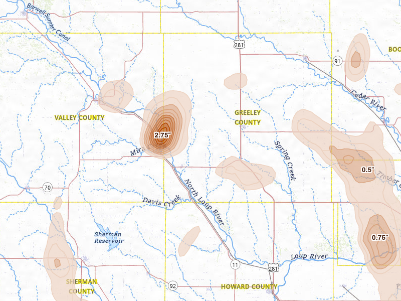 Radar-estimated hail-size map of the storm over Scotia, NE on May 16, 2026