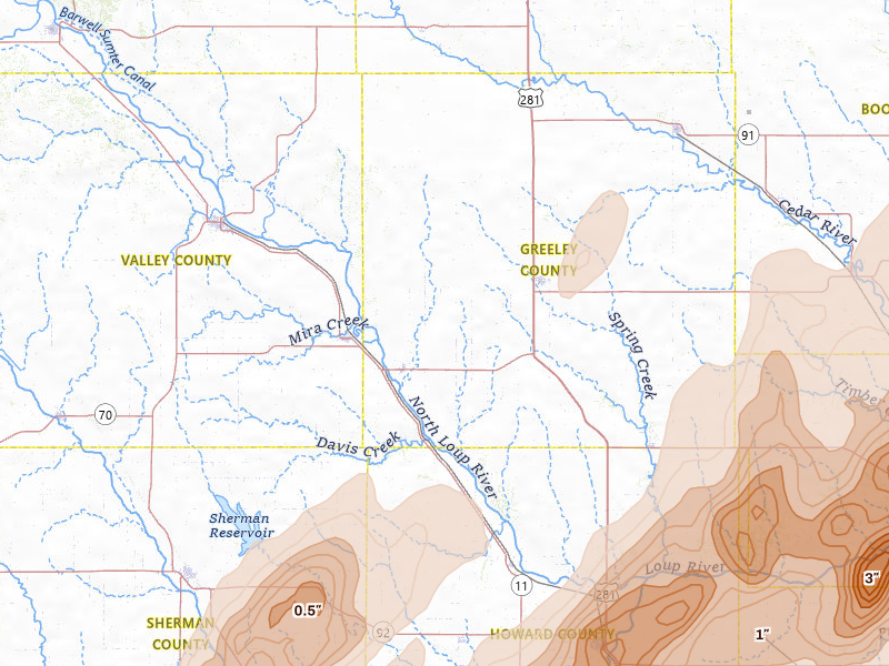 Radar-estimated hail-size map of the storm over Scotia, NE on May 17, 2026