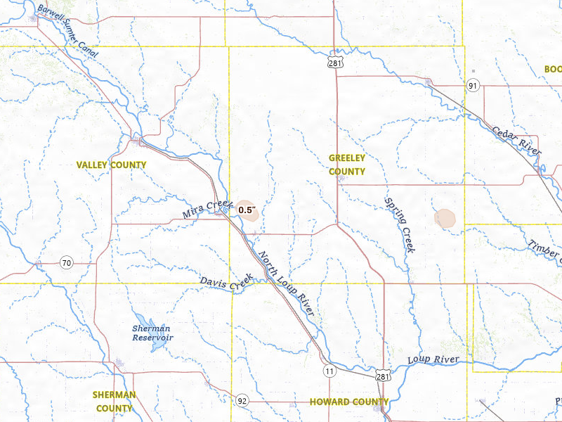 Radar-estimated hail-size map of the storm over Scotia, NE on Jun 1, 2026
