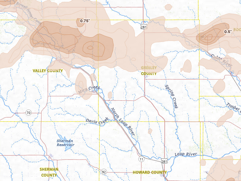 Radar-estimated hail-size map of the storm over Scotia, NE on Jun 12, 2026
