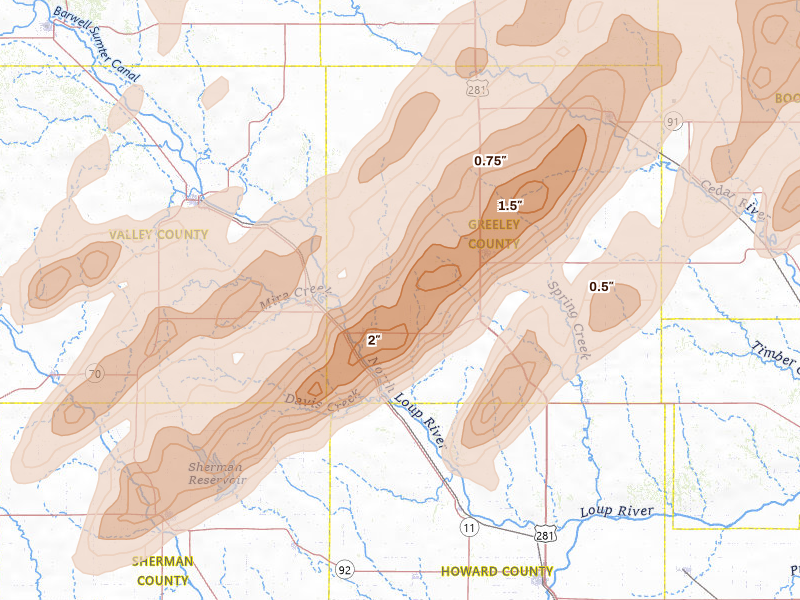 Radar-estimated hail-size map of the storm over Scotia, NE on Jun 29, 2026