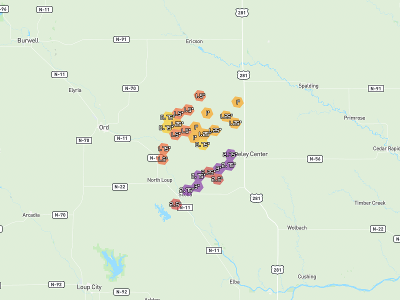 Hail map of Scotia, NE on Jun 30, 2026, hail up to 3"