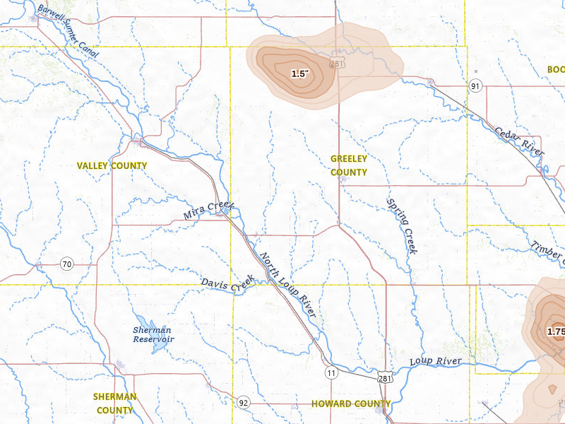 Radar-estimated hail-size map of the storm over Scotia, NE on Jul 8, 2026