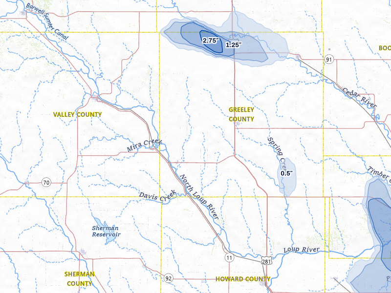 NEXRAD radar-signature map of the hail storm over Scotia, NE on Jul 8, 2026