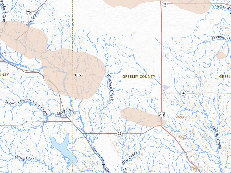 Radar-estimated hail-size map of the storm over Scotia, NE on Aug 8, 2026