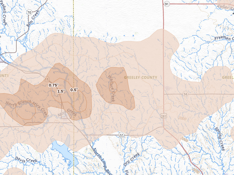 Radar-estimated hail-size map of the storm over Scotia, NE on Aug 12, 2026