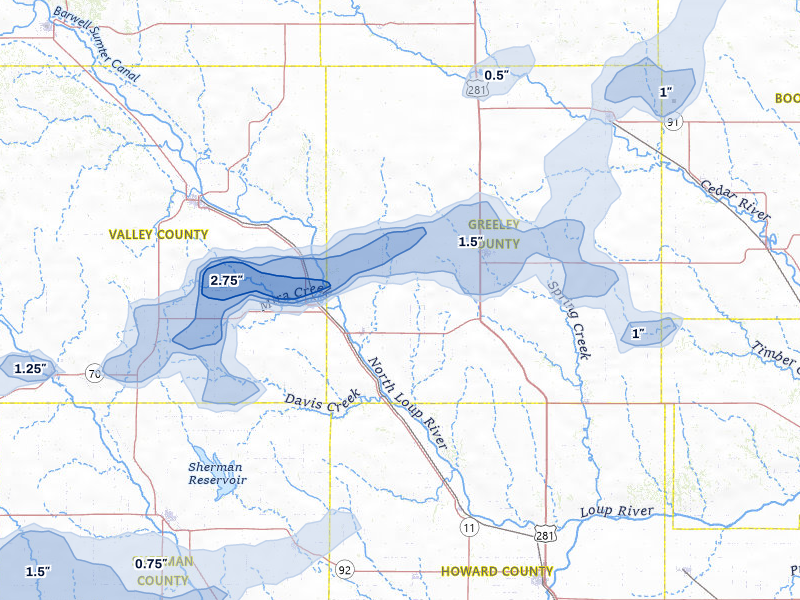 NEXRAD radar-signature map of the hail storm over Scotia, NE on Aug 12, 2026
