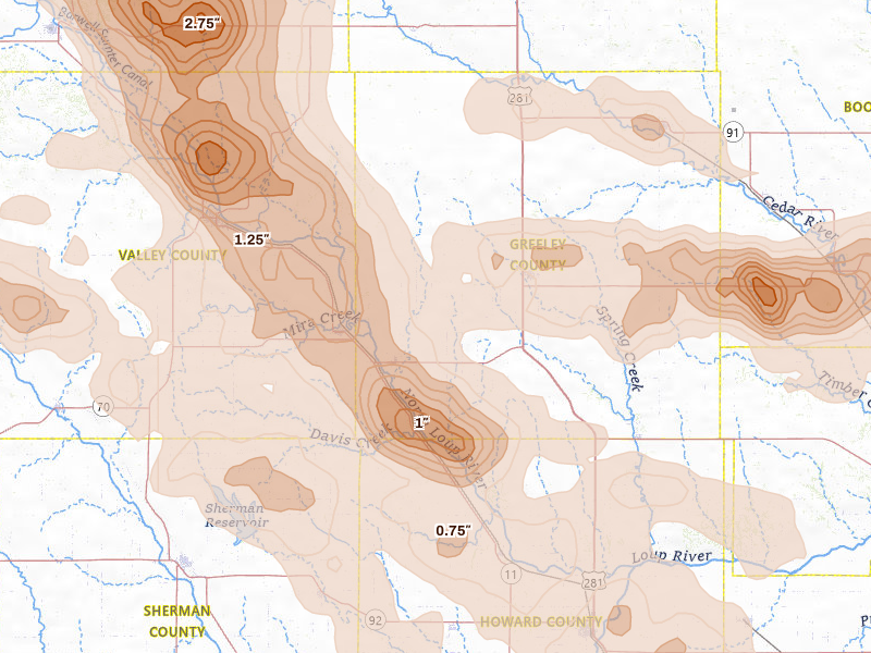 Radar-estimated hail-size map of the storm over Scotia, NE on Aug 17, 2026