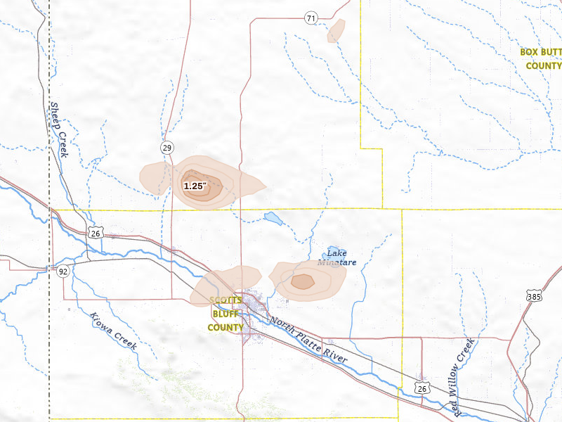 Radar-estimated hail-size map of the storm over Scottsbluff, NE on May 21, 2026