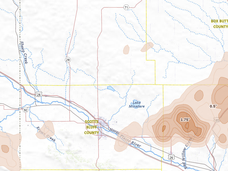 Radar-estimated hail-size map of the storm over Scottsbluff, NE on Jun 8, 2026