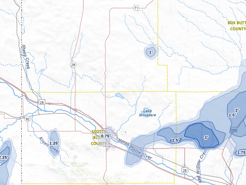 NEXRAD radar-signature map of the hail storm over Scottsbluff, NE on Jun 8, 2026