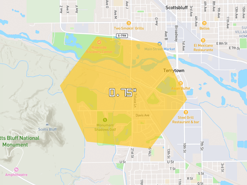 Hail map of Scottsbluff, NE on Jun 9, 2026, hail up to 0.75"