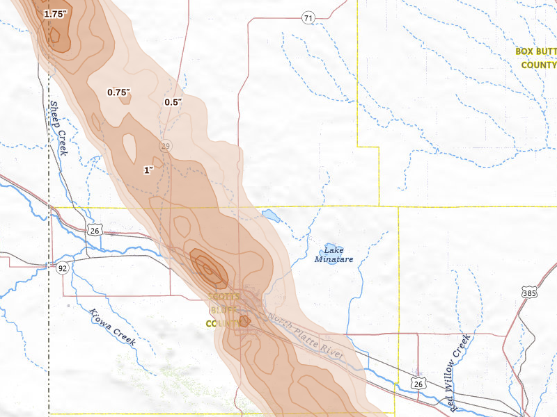 Radar-estimated hail-size map of the storm over Scottsbluff, NE on Jun 22, 2026