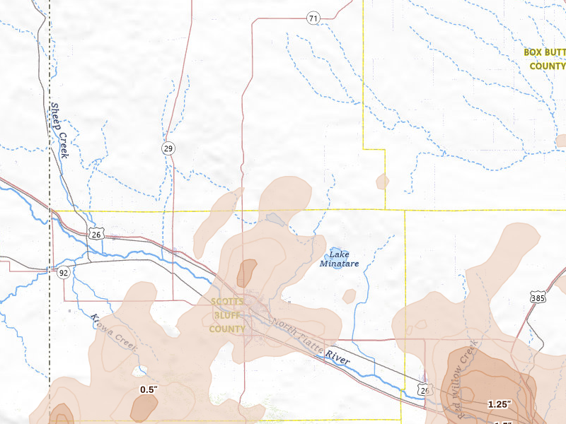 Radar-estimated hail-size map of the storm over Scottsbluff, NE on Jun 26, 2026